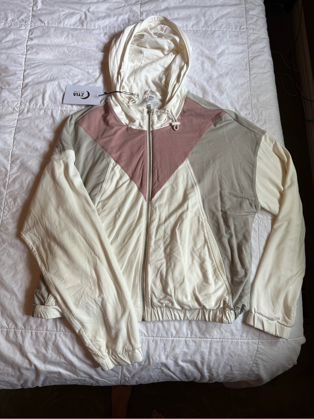 ZYIA Cream Block Soft Zip-Up Hooded Jacket - Cream, Gray & Mauve - Picture 3 of 4